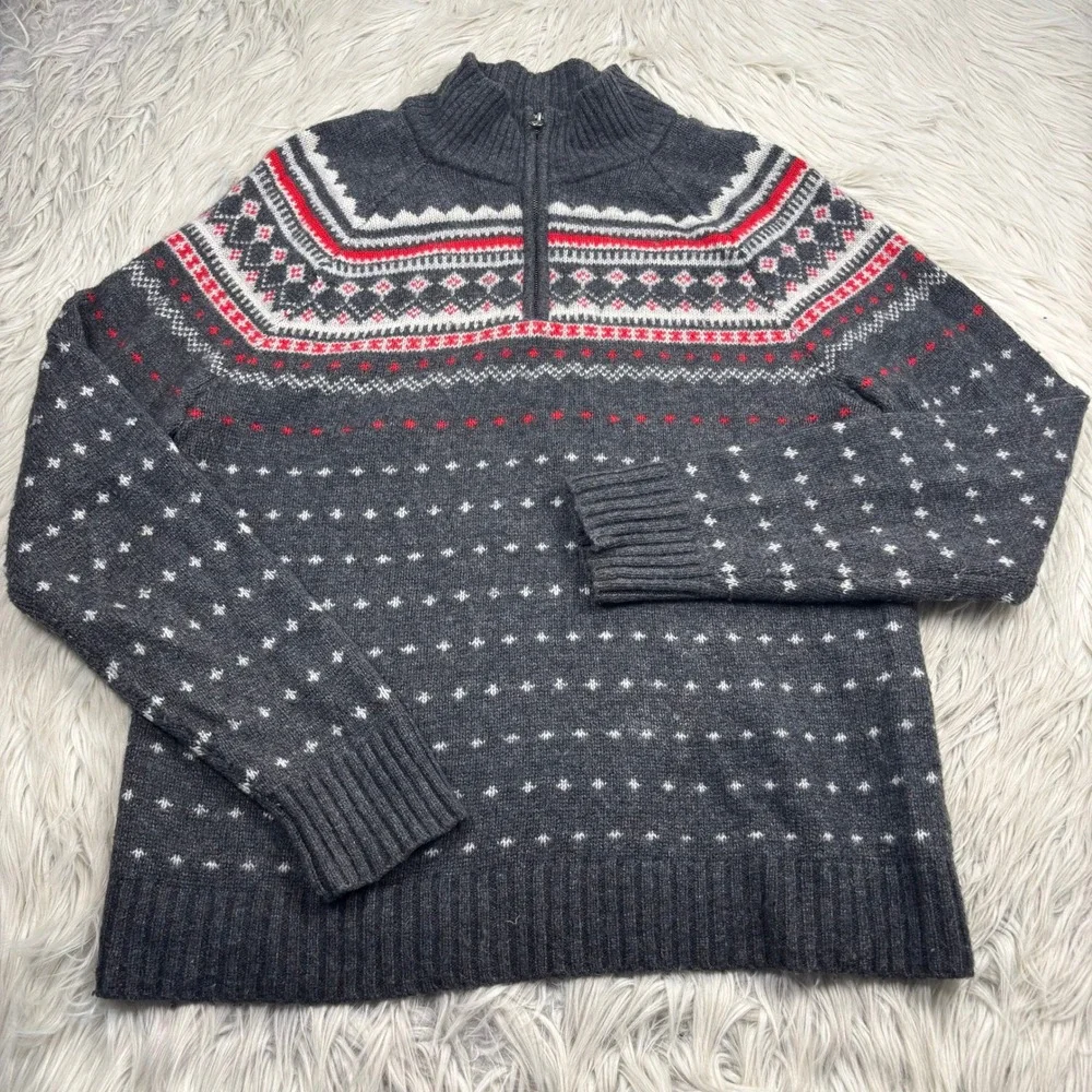 J.Crew Men's M Fair Isle 1/4 Zip Mock Neck Sweater Gray Red Preppy‎ Cabincore